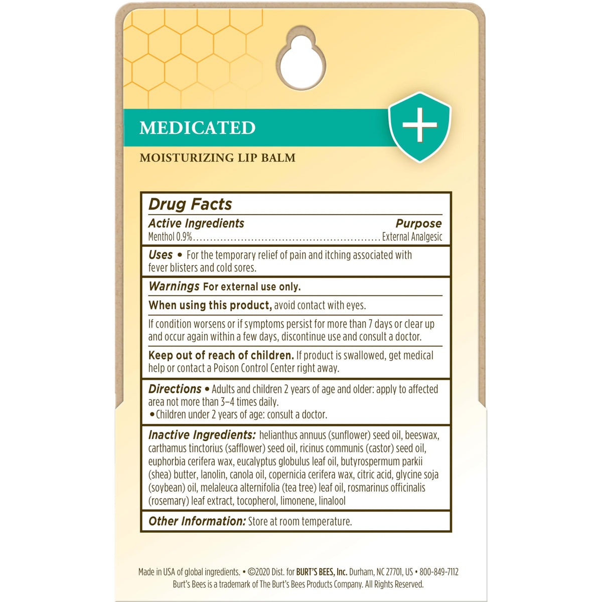Burt's Bees Medicated Lip Balm packaging with natural ingredients
