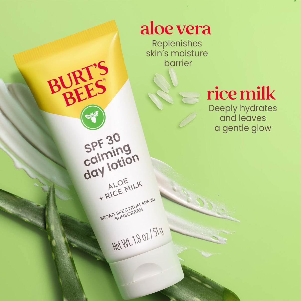 Burt's Bees SPF 30 Calming Day Lotion with aloe and rice milk ingredients