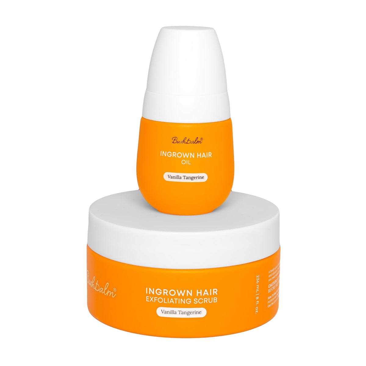 Bushbalm 2-Step Ingrown Hair Routine Vanilla Tangerine Oil and Scrub front view