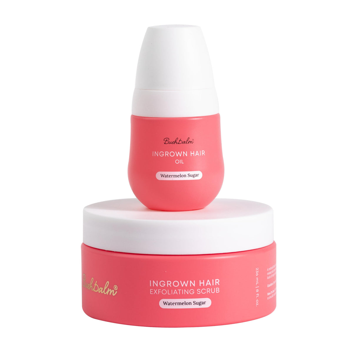 Bushbalm 2-Step Ingrown Hair Routine Watermelon Sugar Oil and Scrub packaging