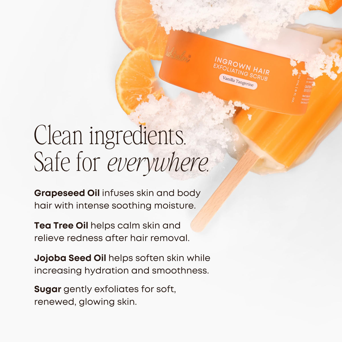 Bushbalm Ingrown Hair Exfoliating Body Scrub Vanilla Tangerine in a shower setting