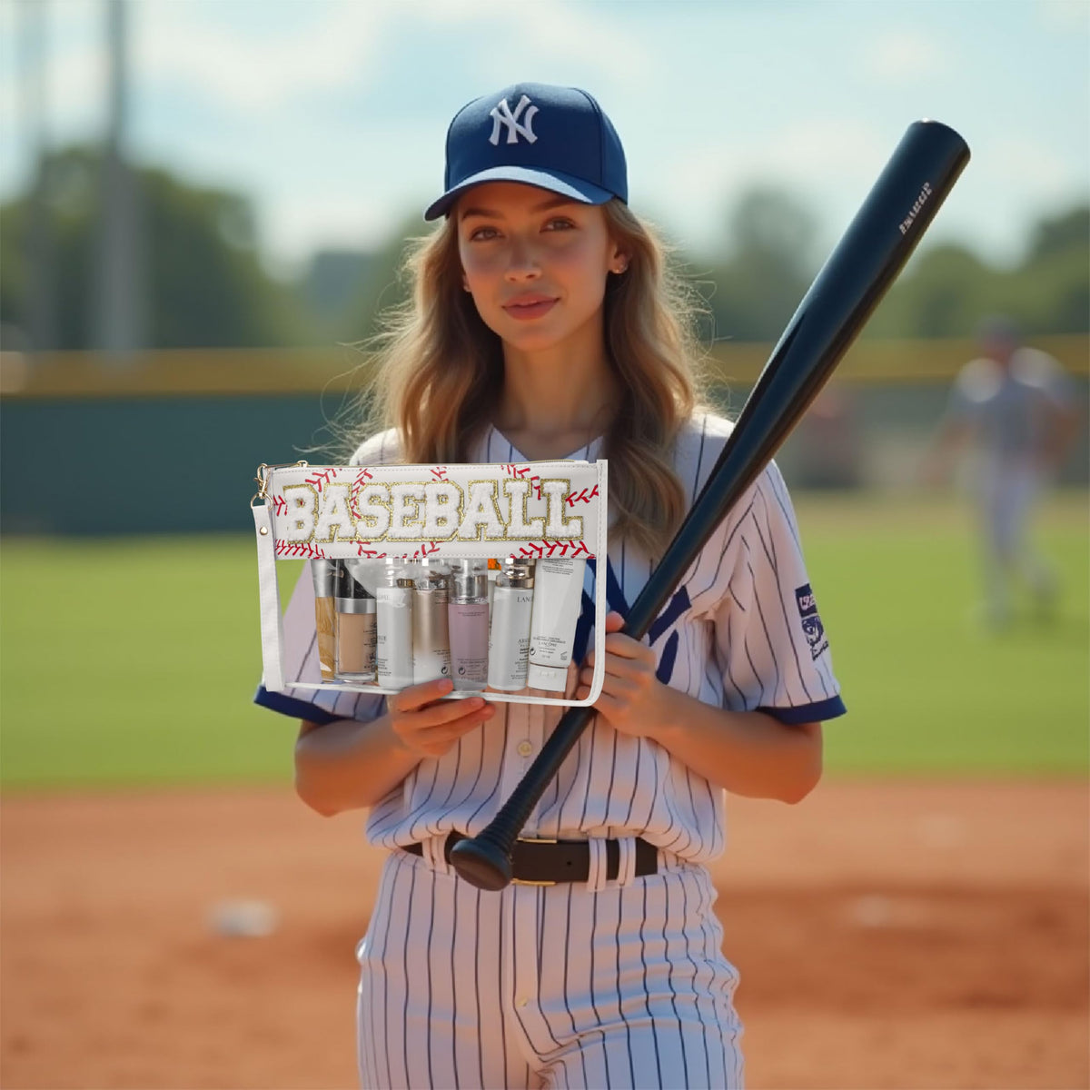 BuyCard Baseball Themed Makeup Bag Set with contents displayed
