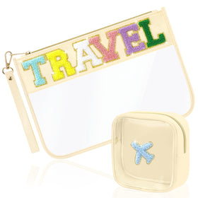 BuyCard Chenille Letter Patch Travel Bag in clear PVC with stylish patches