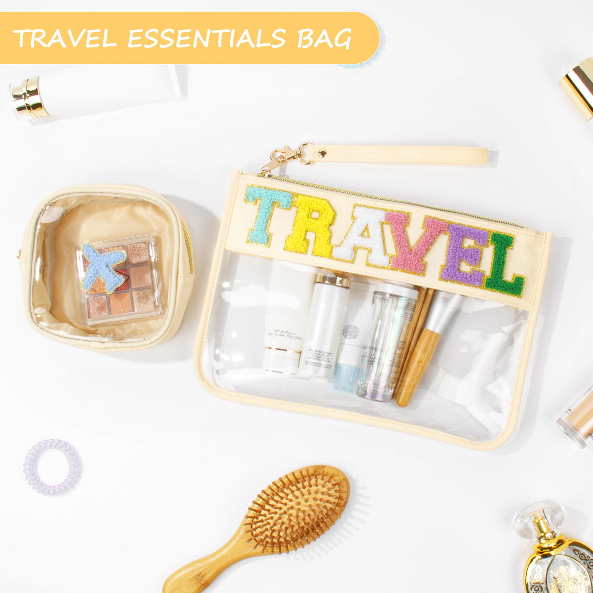 BuyCard Chenille Letter Patch Travel Bag with wrist strap for easy carrying