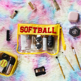 BuyCard Softball Makeup Bag Set lifestyle scene with sports gear