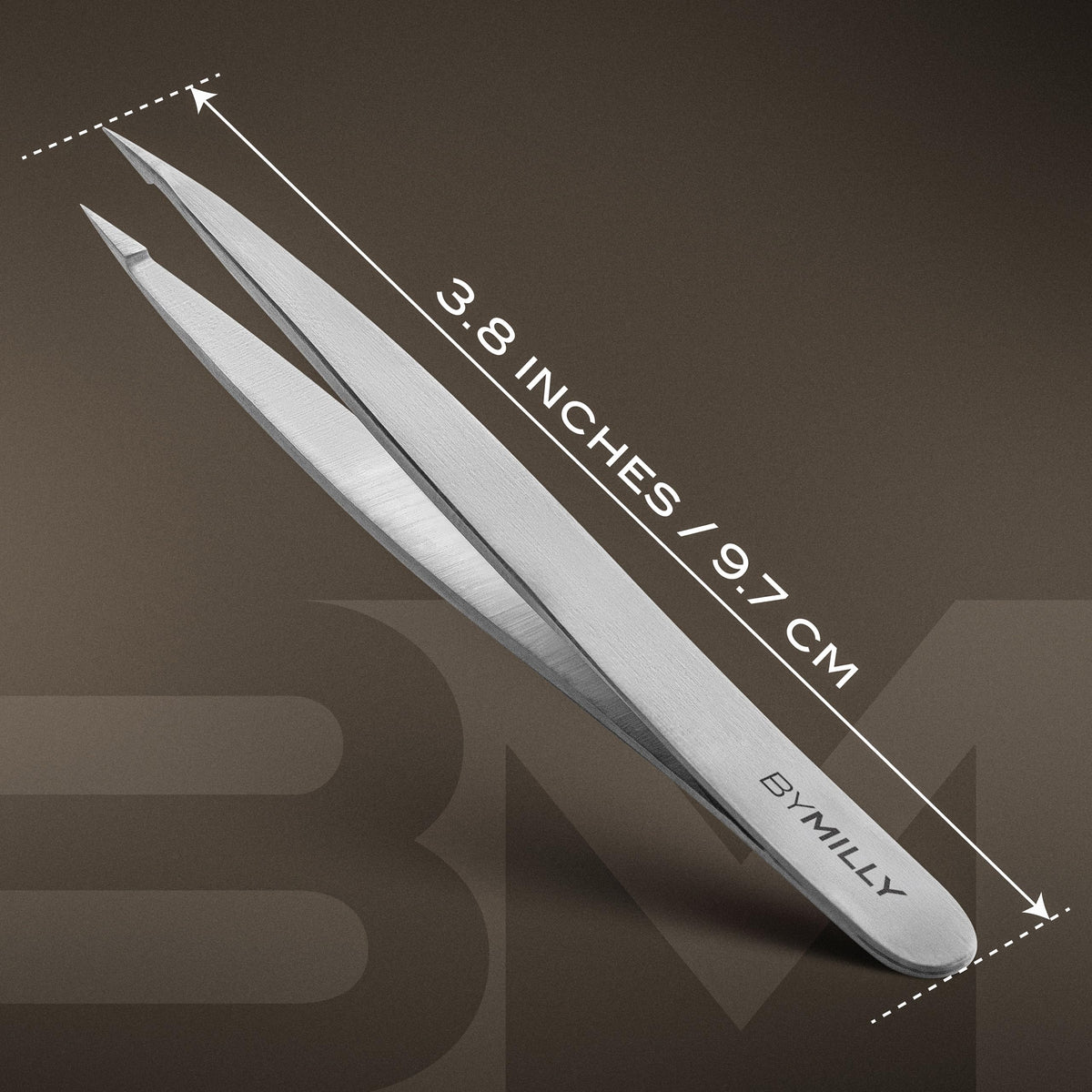 By MILLY Pointed Tweezers angled view to show craftsmanship