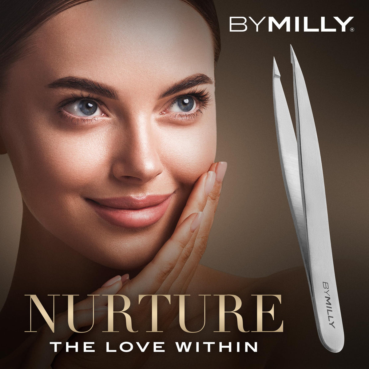 By MILLY Pointed Tweezers in a lifestyle setting with makeup products