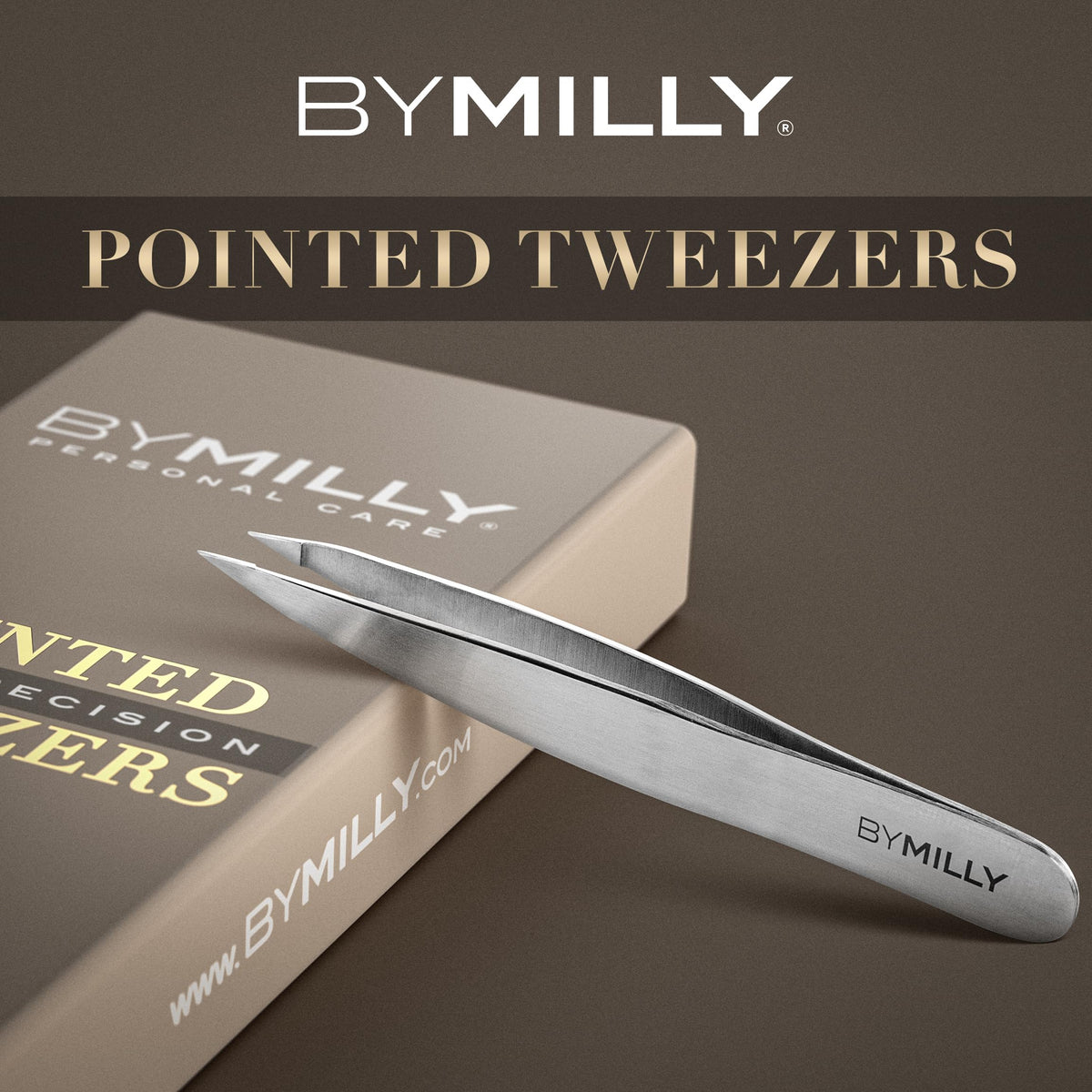 By MILLY Pointed Tweezers packaging with brand logo