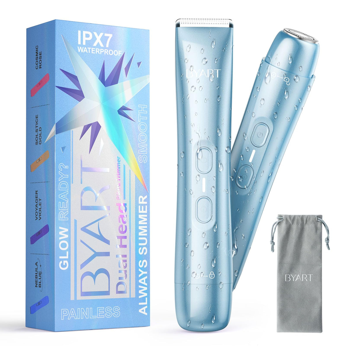BYART Dual Head Bikini Trimmer front view with blue design