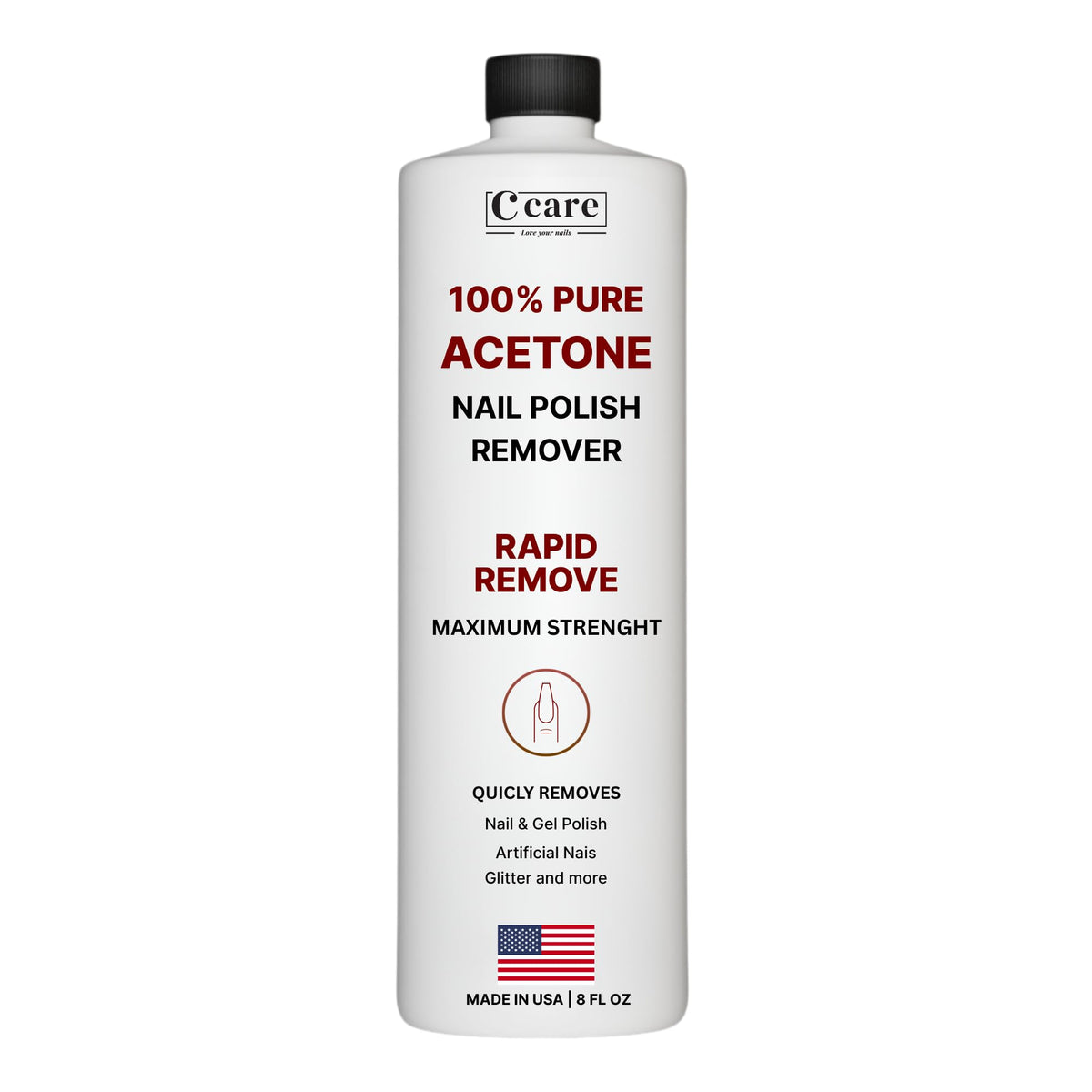 C CARE 100% Pure Acetone Nail Polish Remover 8 Fl oz front view