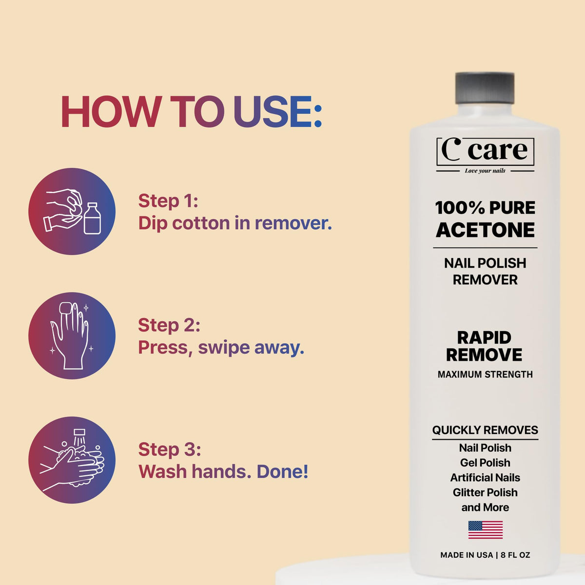 C CARE 100% Pure Acetone Nail Polish Remover 8 Fl oz with nail tools