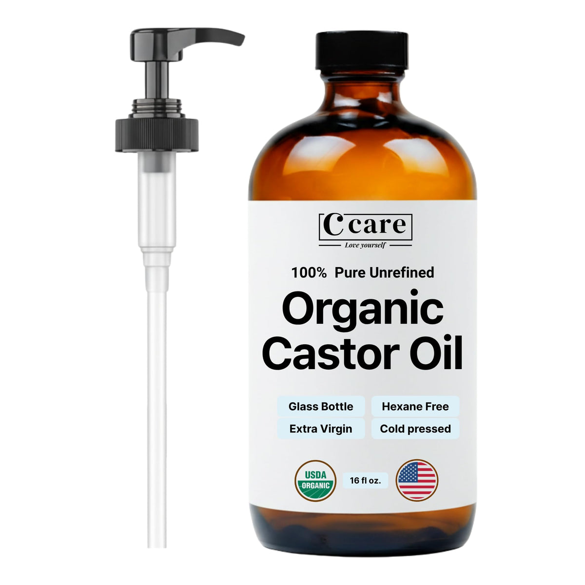 C CARE Castor Oil 100% Pure Organic Cold Pressed 16oz front view