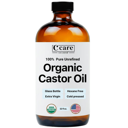 C CARE Castor Oil 100% Pure Organic Cold Pressed glass bottle front view