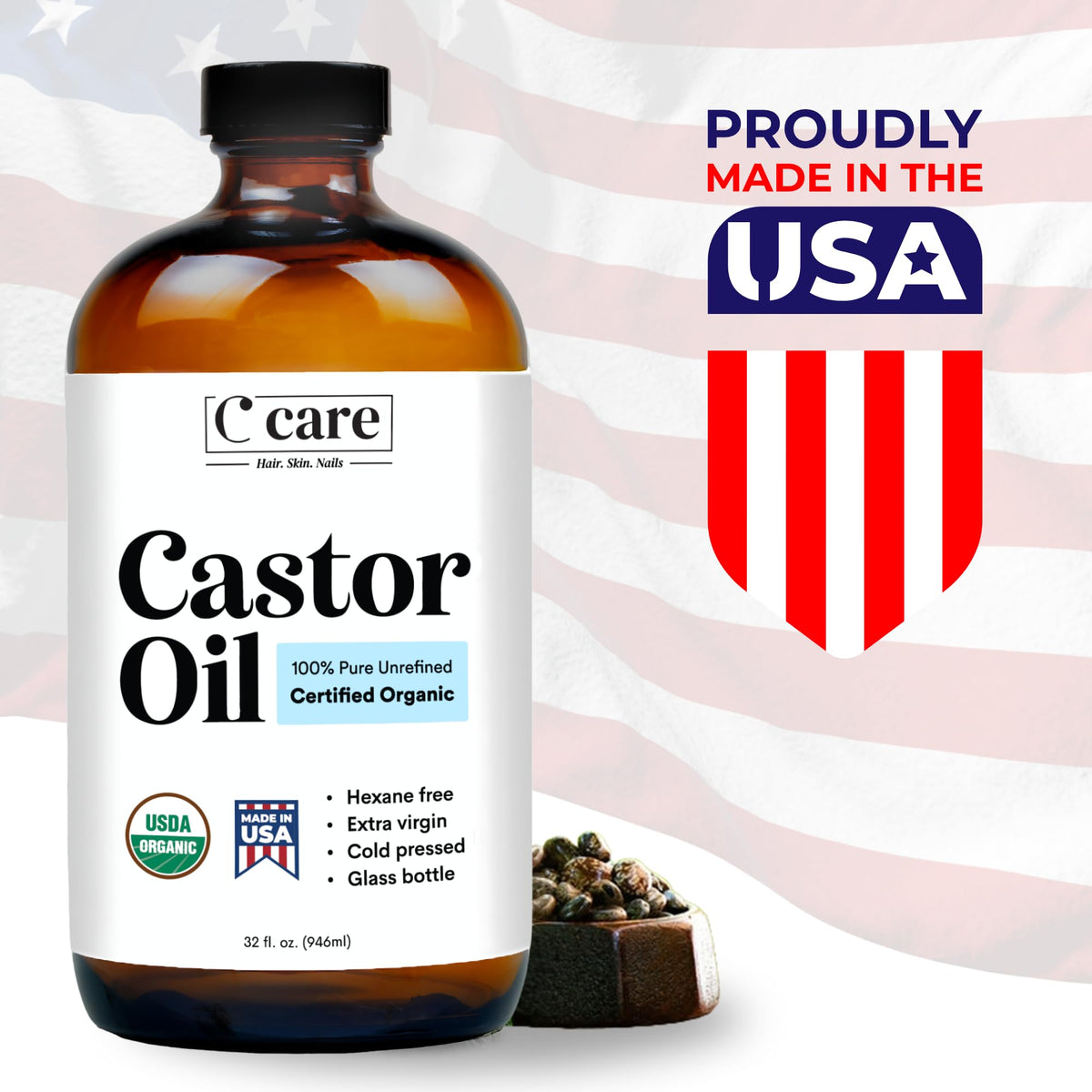 C CARE Castor Oil 100% Pure Organic Cold Pressed with dropper