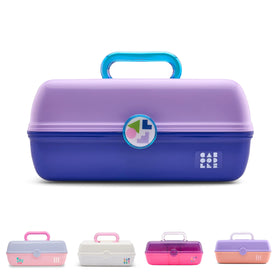 Caboodles On-The-Go Girl Makeup Box front view in two-tone lilac on cobalt