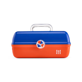 Caboodles On-The-Go Girl Makeup Box in blue over orange, front view