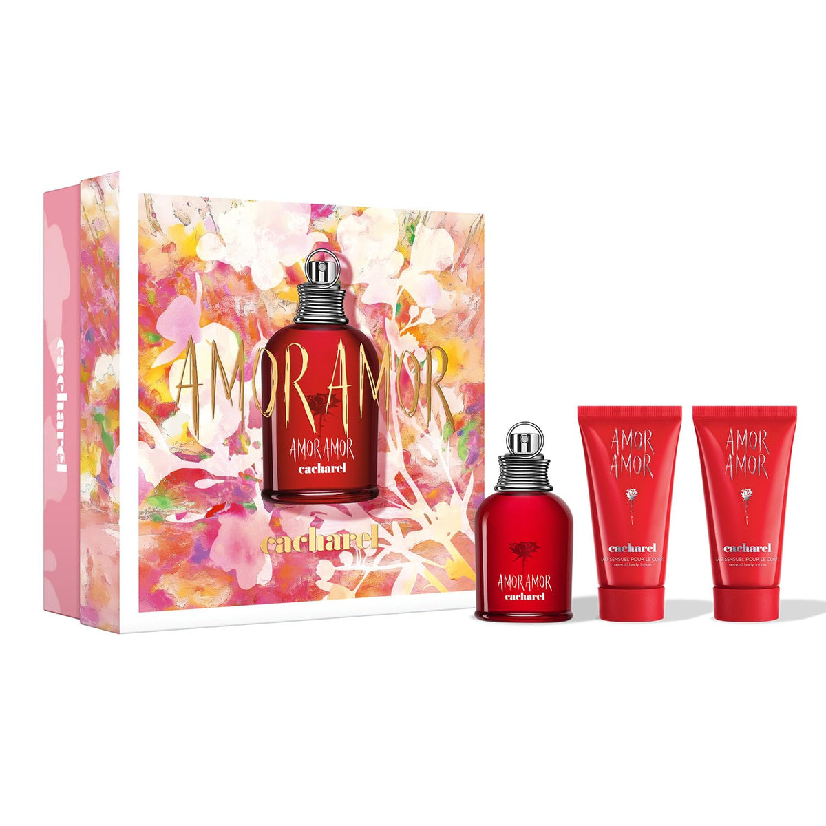 Cacharel Amor Amor Eau De Toilette gift set front view with 1.7 fl oz EDT and body lotions