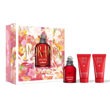 Cacharel Amor Amor Eau De Toilette gift set front view with 1.7 fl oz EDT and body lotions