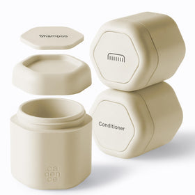 Cadence Haircare Capsule Set with three containers labelled shampoo, conditioner, and comb