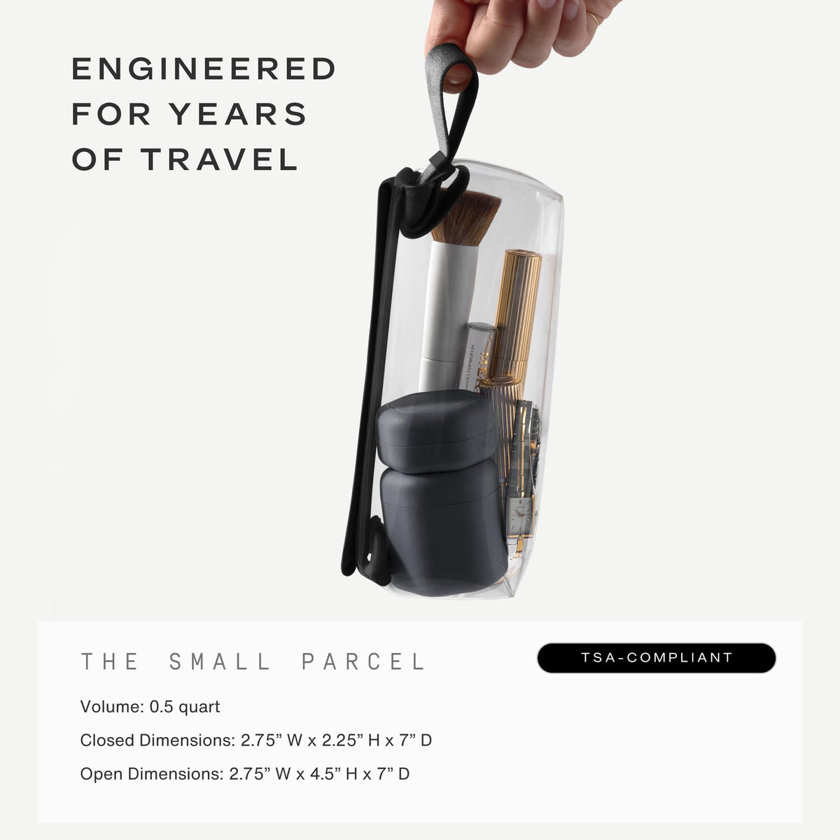 Cadence Parcel Clear Travel Kit back view highlighting durability