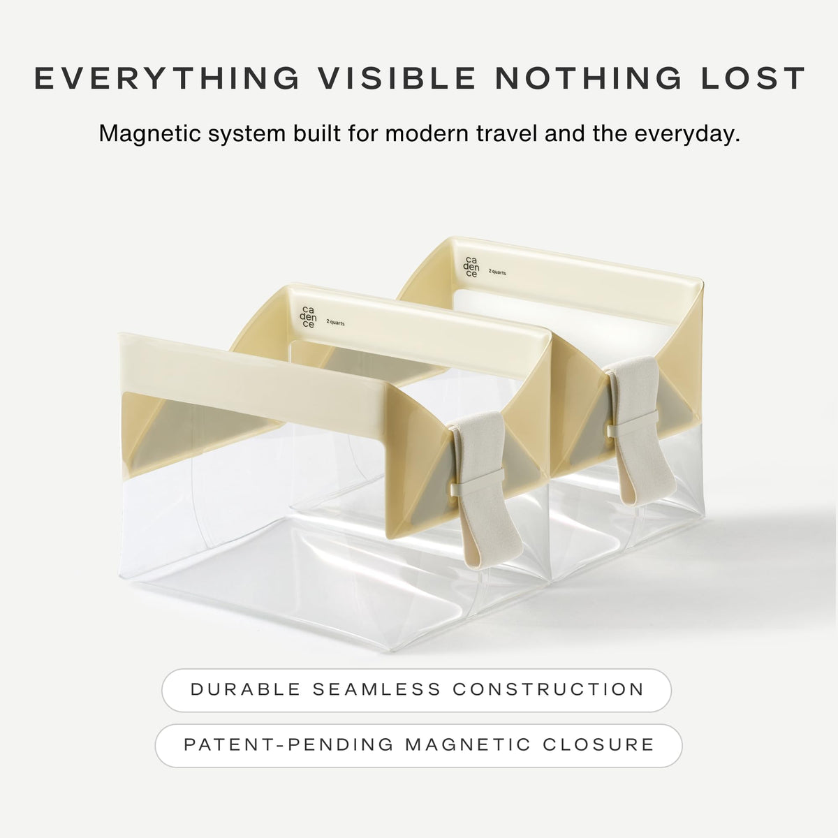 Cadence Parcel Clear Travel Kit showing magnetic closure feature