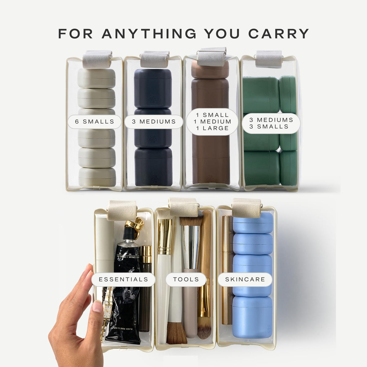 Cadence Parcel Clear Travel Kit with makeup items inside