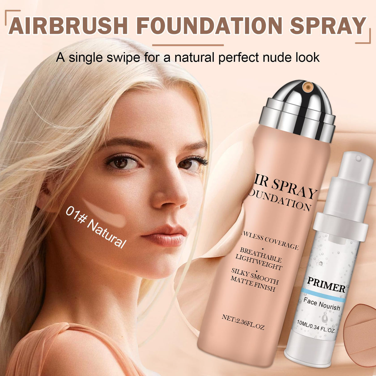 CAHIUYOA Airbrush Foundation Makeup 01 Natural with makeup primer and brush
