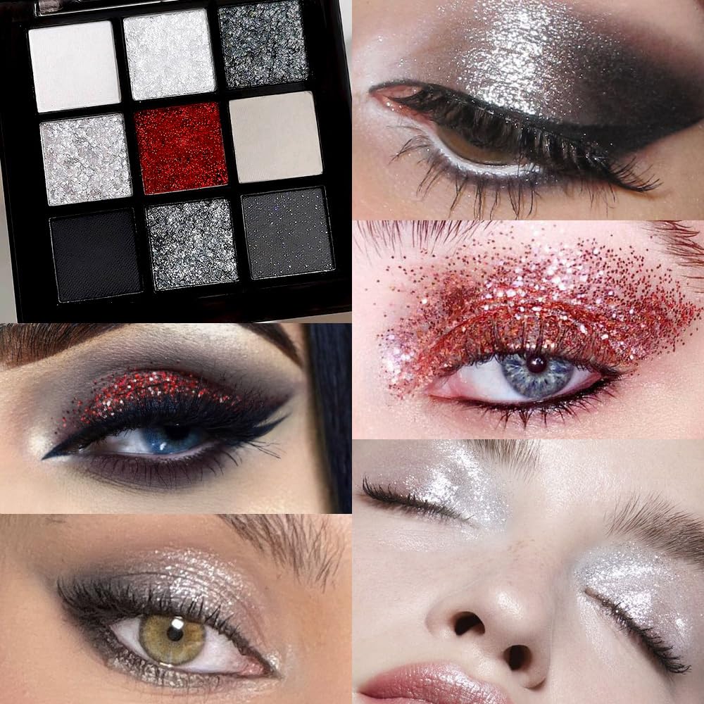 CAKAILA Smokey Black Red Eyeshadow Palette close-up of shimmer and matte shades