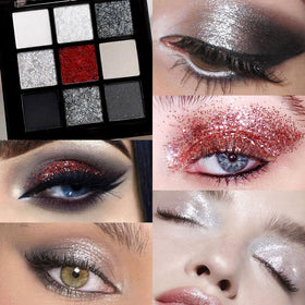CAKAILA Smokey Black Red Eyeshadow Palette close-up of shimmer and matte shades
