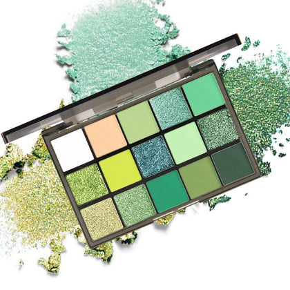 CAKAILA Smokey Green Eye Shadow Palette front view with 15 vibrant colours