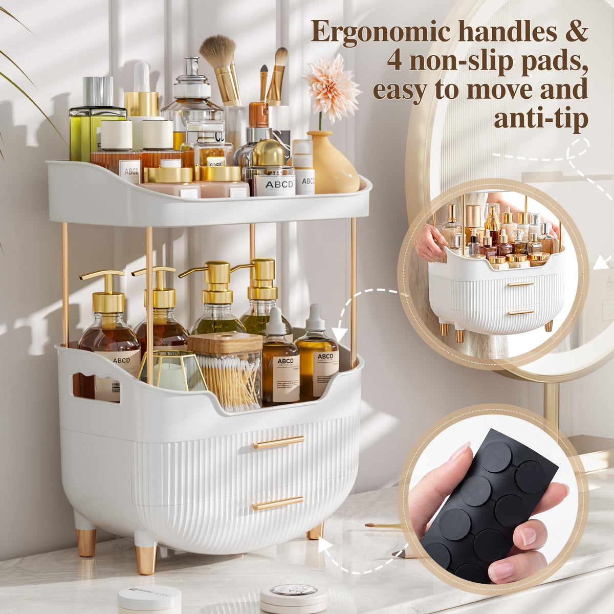 caktraie 4-Tier Makeup Organizer on bathroom countertop with cosmetics