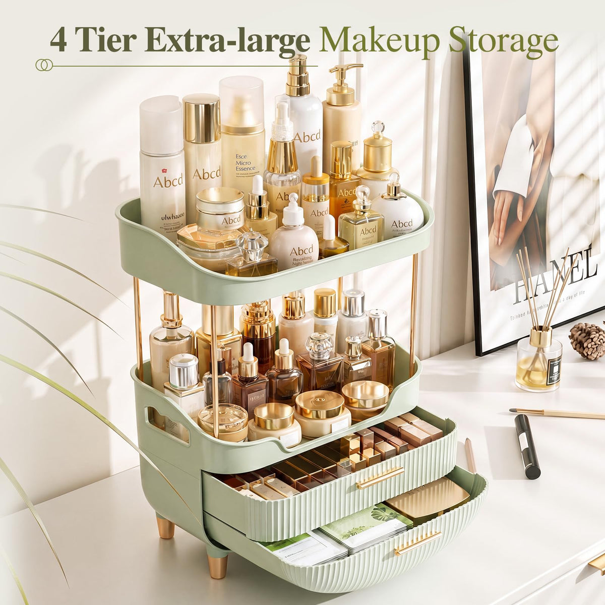 caktraie 4-Tier Makeup Organizer side view showing storage compartments