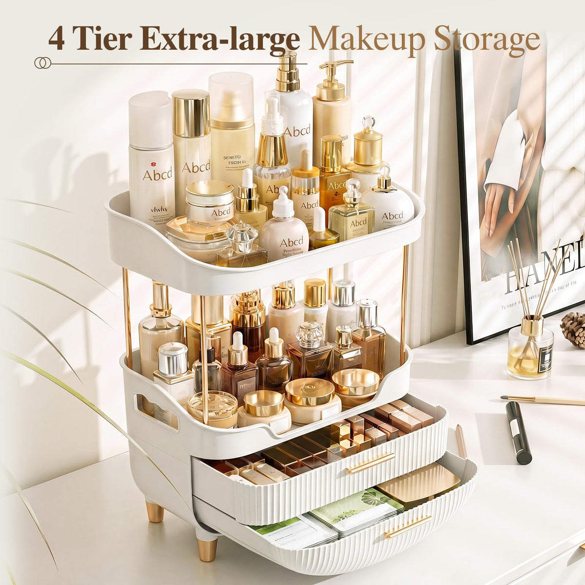 caktraie 4-Tier Makeup Organizer side view showing storage compartments