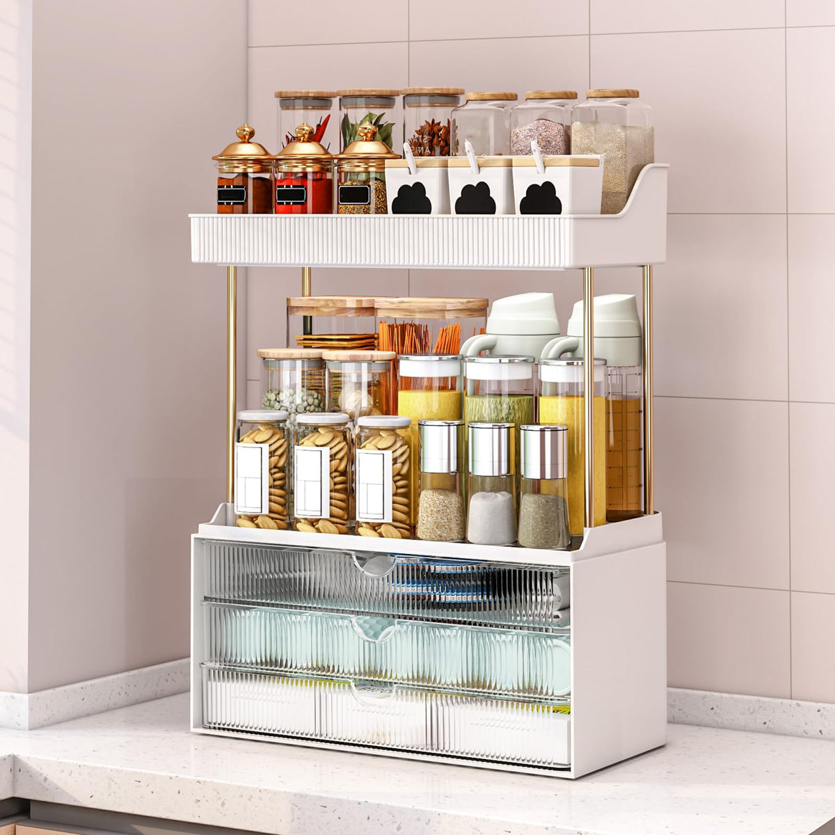 caktraie 5 Tier Acrylic Organizer with kitchen spices