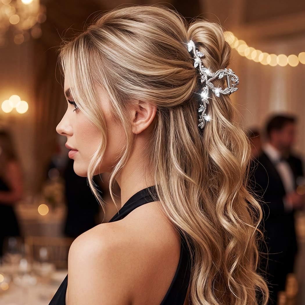 CAKURE Gold Claw Clip on a model's hair styled elegantly