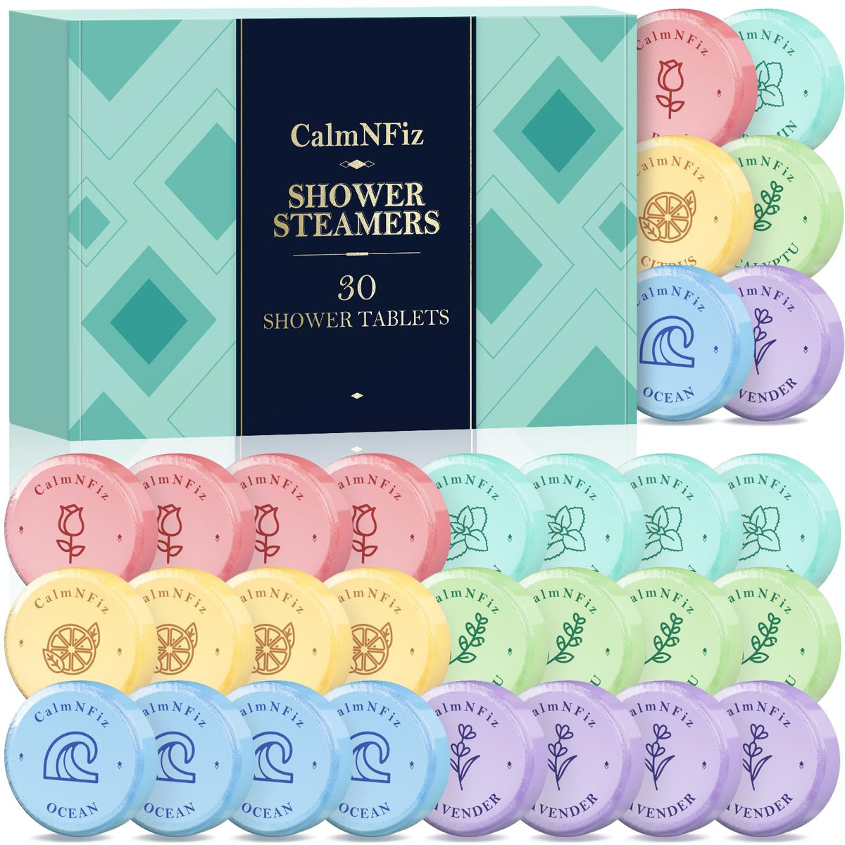 CalmNFiz 30 pack shower steamers assorted scents front view