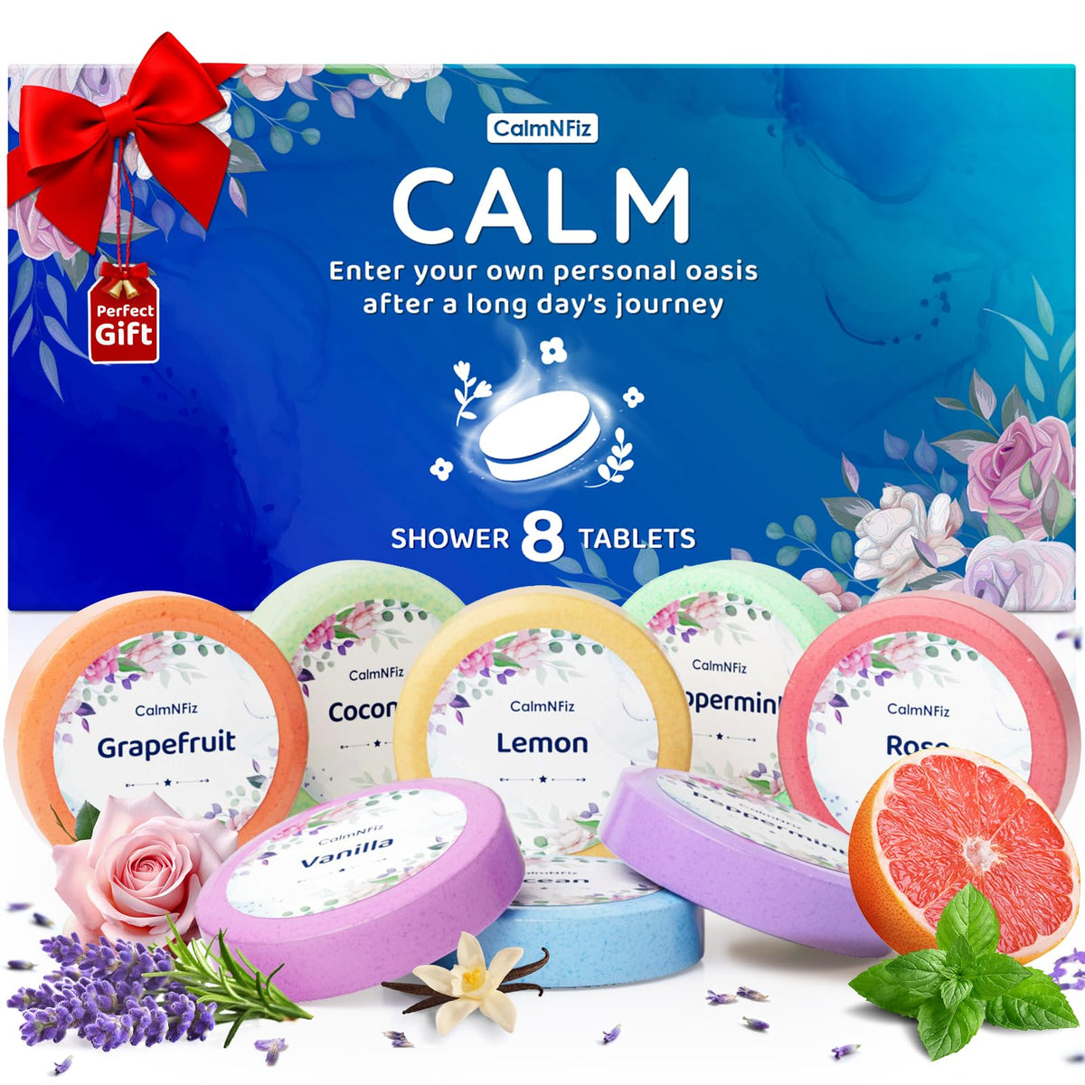 CalmNFiz Shower Steamers 8 Pack front view with assorted scents