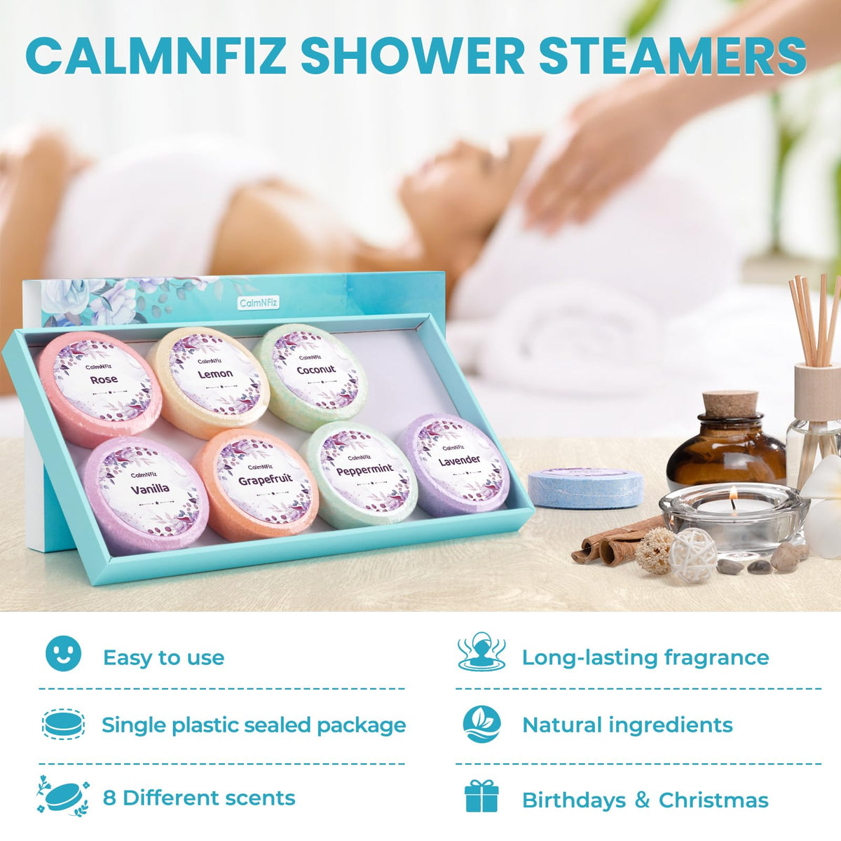 CalmNFiz Shower Steamers rose tablet in relaxing setting