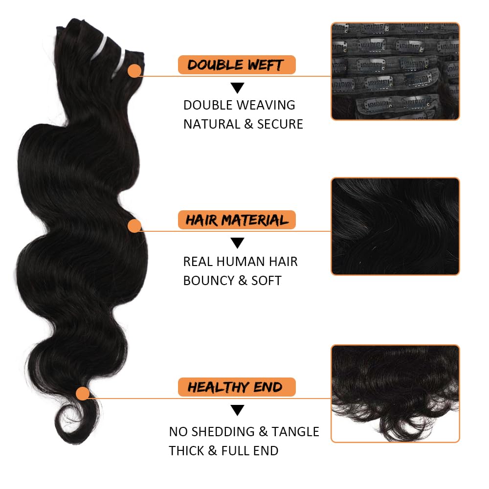 CALNESHIA Body Wave Clip In Hair Extensions displayed with hair tools