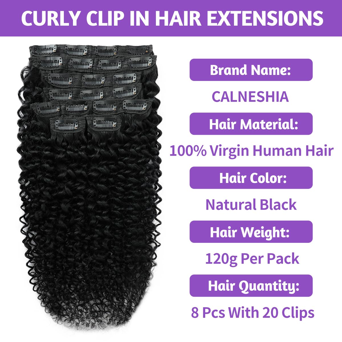 CALNESHIA Curly Clip In Extensions packaging with 8 pieces and 20 clips
