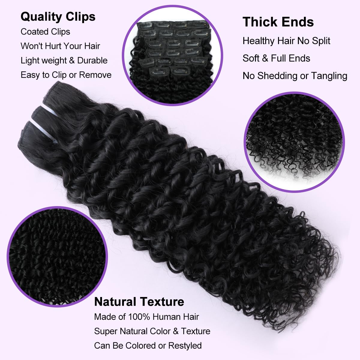 CALNESHIA Curly Clip In Extensions showing natural black colour