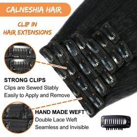 CALNESHIA Kinky Straight Clip Ins 18 Inch close-up of clips
