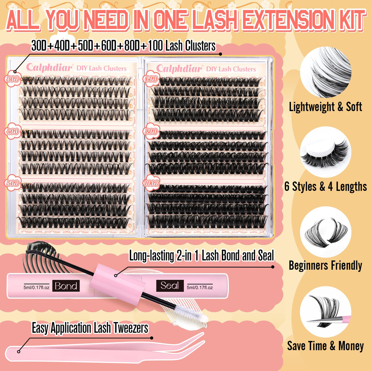 calphdiar Lash Clusters Kit 30D-100D lash bond and seal tube