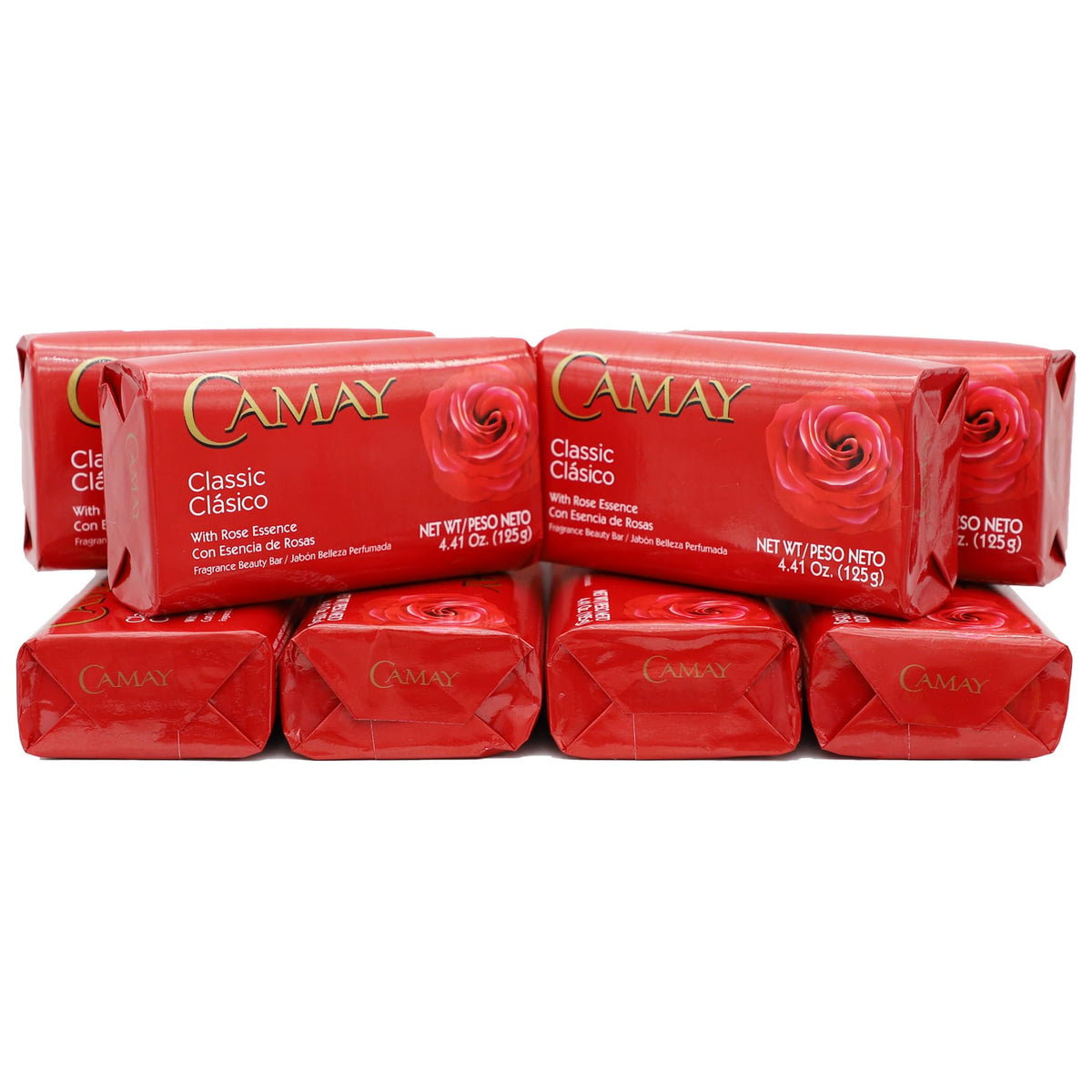 Camay Classic Bar Soap Rose Essence 8-Pack front view with pink packaging