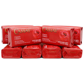 Camay Classic Bar Soap Rose Essence 8-Pack front view with pink packaging
