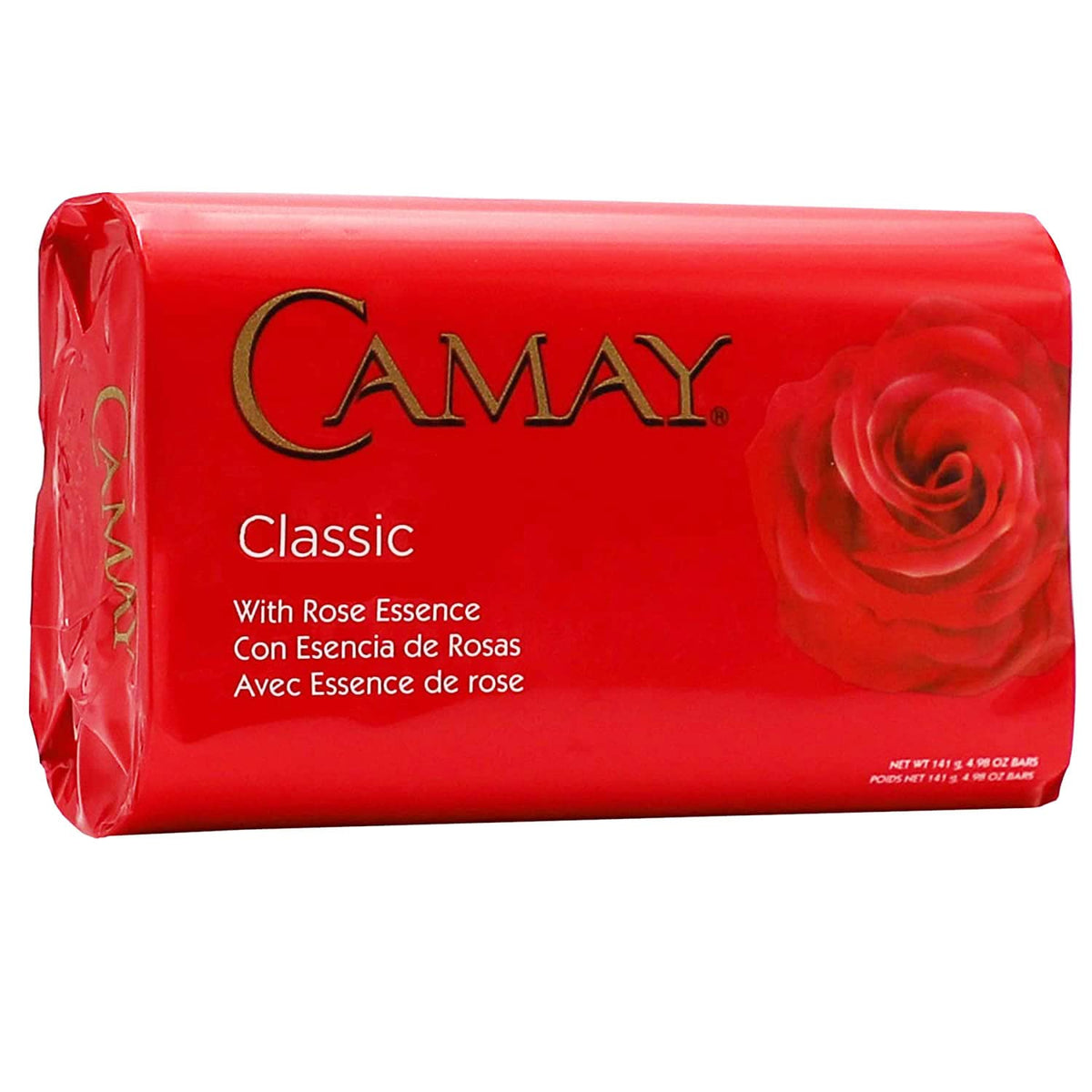 Camay Classic Bar Soap Rose Essence displayed with flowers
