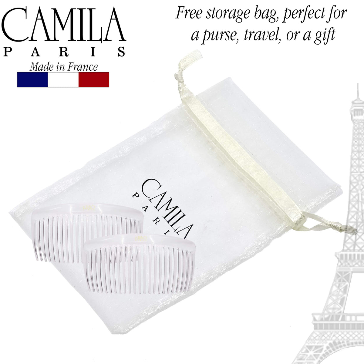 Camila French Side Combs large curved clear in a hair updo