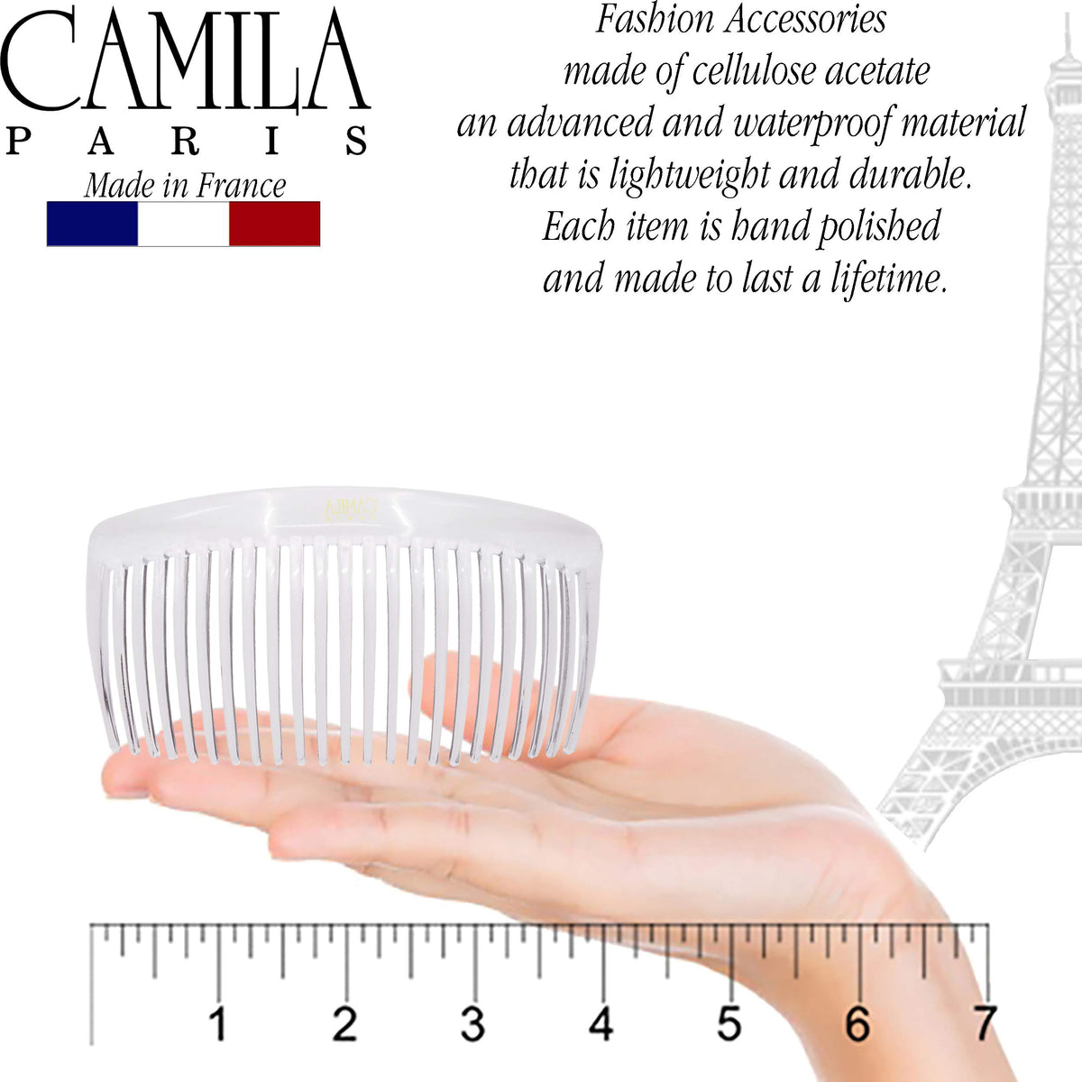 Camila French Side Combs large curved clear in packaging