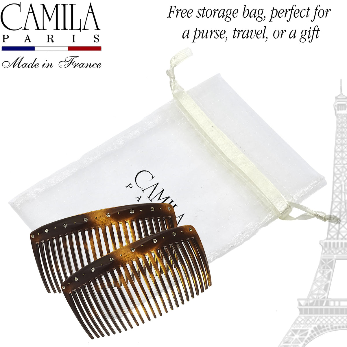 Camila Large Curved Side Comb displayed with accessories