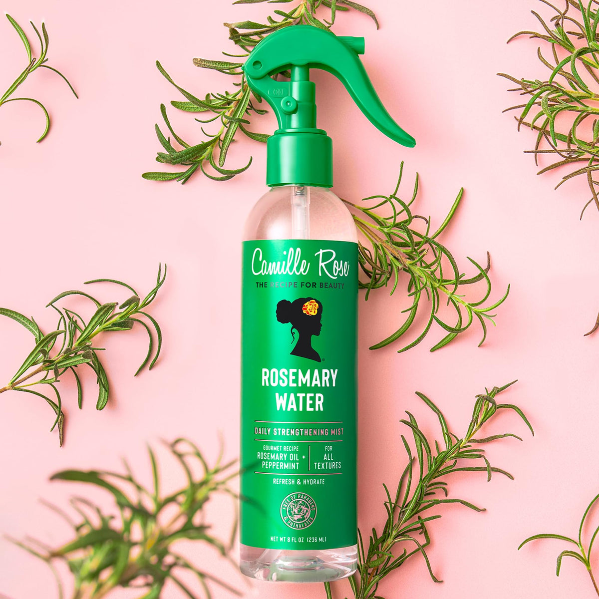 Camille Rose Rosemary Water Daily Hair Strengthening Mist with ingredients displayed